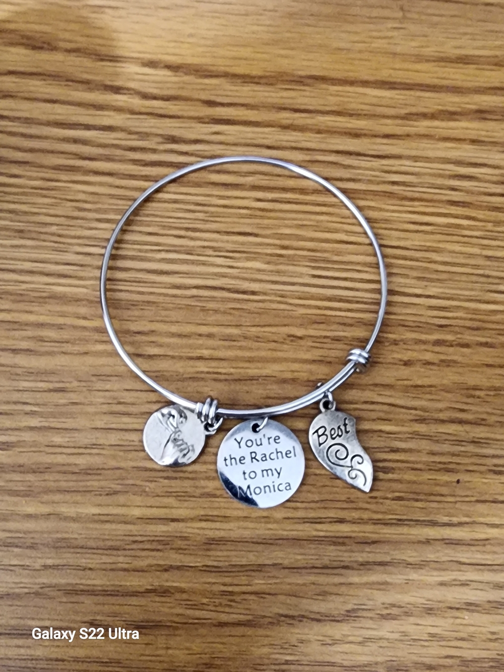 Silver Friendship Charm Bangle - "You're the Rachel to my Monica"